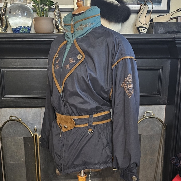 Vintage Obermeyer Geneva Embroidered Suede Trim Belted Ski Jacket 12P - Picture 5 of 14